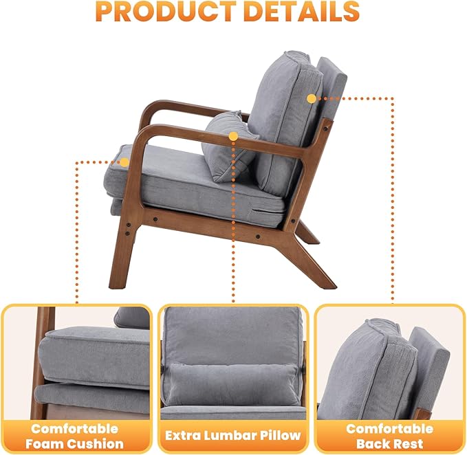DUMOS Accent Chairs Set of 2Mid Century Modern Chair with Arms and Waist Cushion Reading Chairs for Adults Lounge Chair for Living Room and Bedroom Solid Wooden FrameClassic Grey