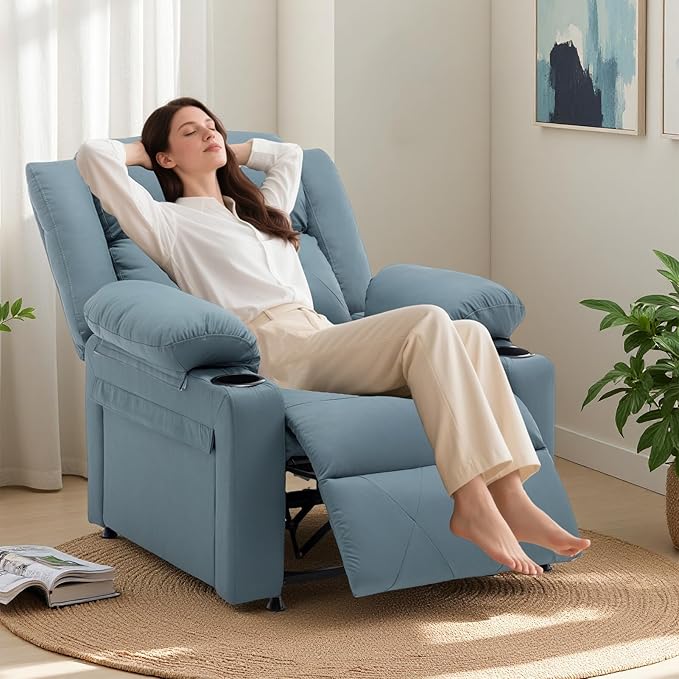 Power Recliner Chair with Vibration Massage &amp HeatUpholstered Faux Leather Single Reclining Sofa with Side Pockets Side Table for Living Room Home Theater (Blue)