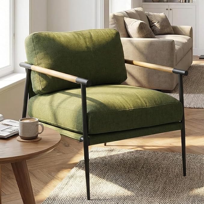 LukeAlon Mid-Century Linen Accent Chair Ultra Soft Living Room Chair with Metal Legs Modern Armchair Reading Nook Chair Lounge Chair Upholstered Comfy Leisure Chair for Bedroom Waiting Room Green