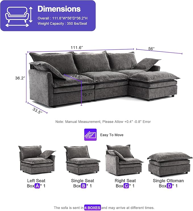 112 Inch Dark Grey Cloud Sectional Couch - Wide Pillow Edge Chenille Comfy Upholstered 3 Seater Modular Sofa with Ottoman L Shaped Couches for Living Room Apartment Office