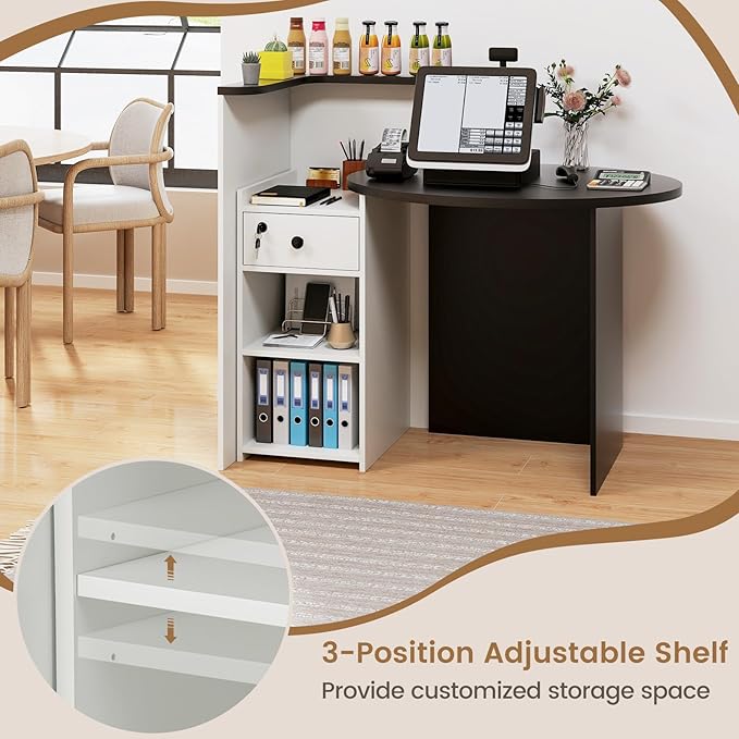 Reception Desk Small Retail Checkout Counter with Lockable Drawer and Open Shelves Wooden Computer Workstation for Home Office Lobby White Oval Desktop &amp Black Counter