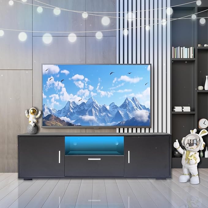 Modern Black TV Stand with Storage Drawers – Fits up to 55 Inch TVs 200 lbs Capacity Minimalist Entertainment Center for Living Room