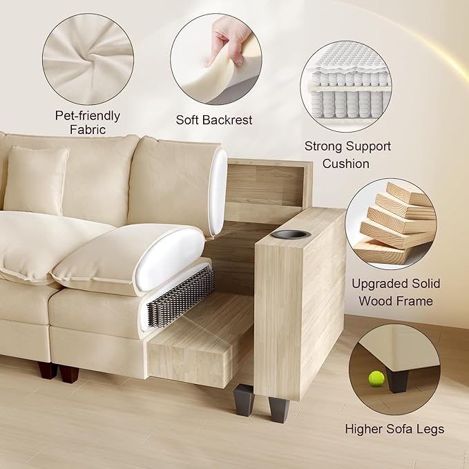 116 Modular L Shaped Cloud Couch Sectional Couches for Living Room with Ottoman Chenille Deep Seat Sofa Cloud Sectional Couch with Charging Station Cup Holder Side Pocket Beige