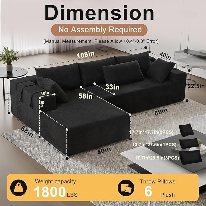 Moliy 108 Modular Chenille Sectional Couch - L Shaped Cloud Comfy Deep Seat Sectional Couches for Living Room No Assembly Required Sofas for Living Room （Black）