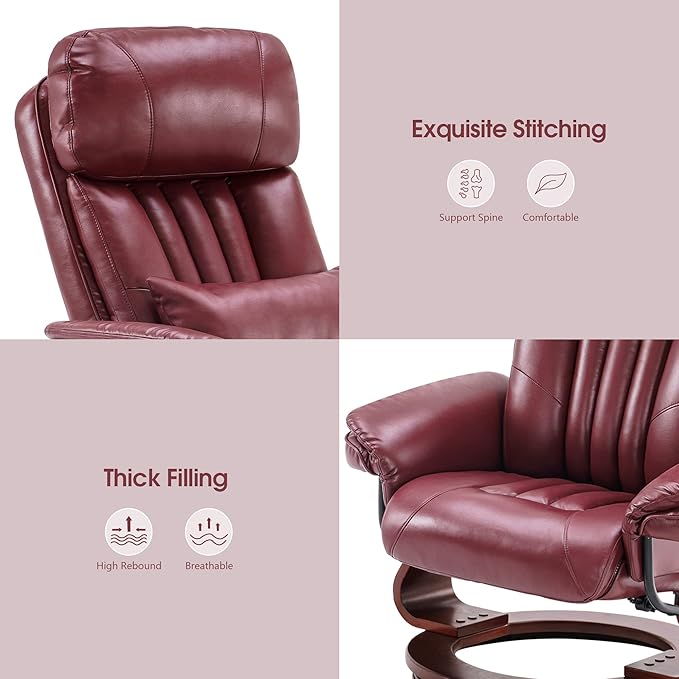 MCombo Swivel Recliner with Ottoman Faux Leather TV Chair with Vibration Massage Ideal for RV Small Space Living Room &amp Bedroom 4999 (Faux Leather Burgundy)