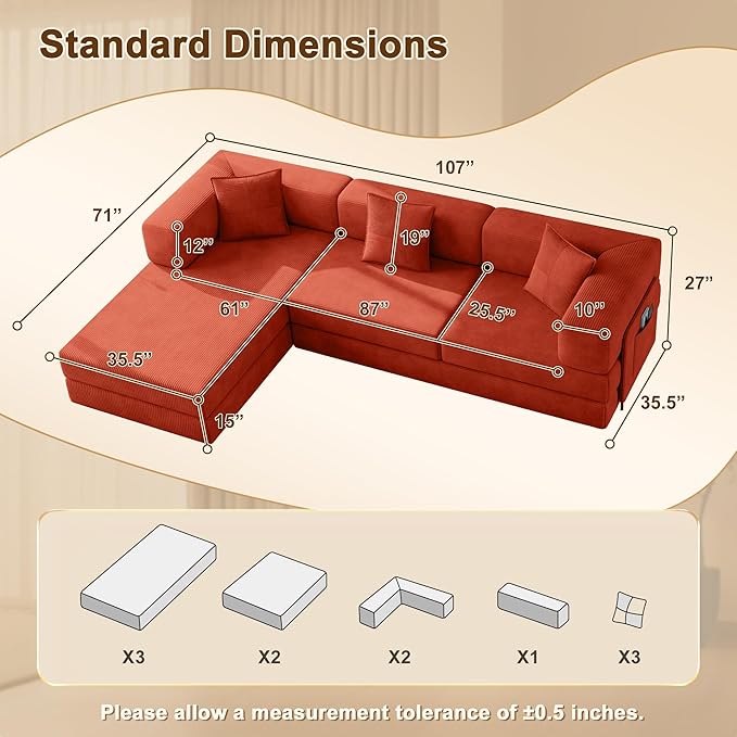 107 L-Shaped Modular Sofa Bed Multi Convertible Boneless Floor Couch Cozy Corduroy Sleeper Couch Sectional Futon Lounge for Living Room &amp Rest Area with 3 Exquisite Throw Pillows | Orange | So