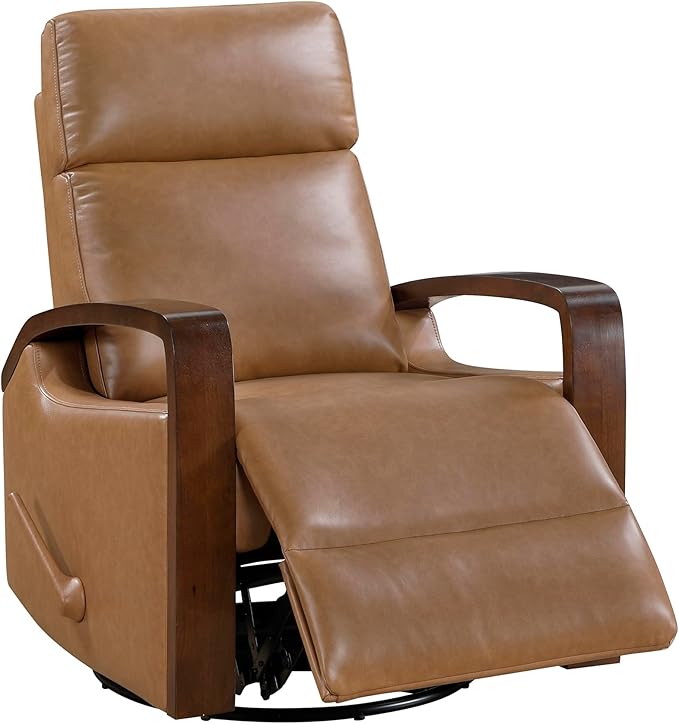 Lexicon 360 Degree Swivel Glider Reclining Chair Breathable Faux Leather Manual Recliner Comfy Nursery Glider Recliner Wood Arms Pull Handle for Living Room/Office/Bedroom/Apartment Camel Brown