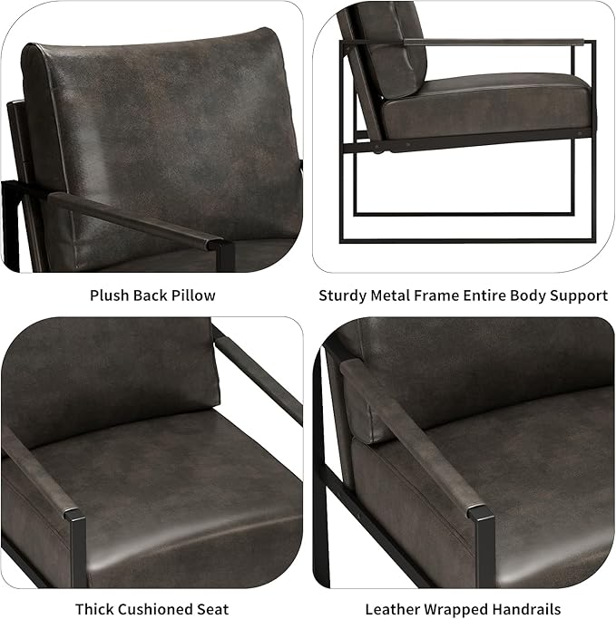 Leather Accent Chair Set of 1 Metal Framed Armchair with Extra Soft Backrest and Cushion Mid Century Modern Chair with Sturdy Structure Modern Arm Chair for Living Room/Office/Bedroom Dark Grey