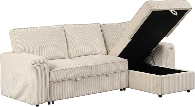 Modern Upholstered L-Shaped Convertible Corner Sofa Couch Pull-Out Sofa Bed Sleeper Sectional Sofa with Storage Bags and 2 Cup Holders on Arms for Living Room Office Apartment (Beige-2C)