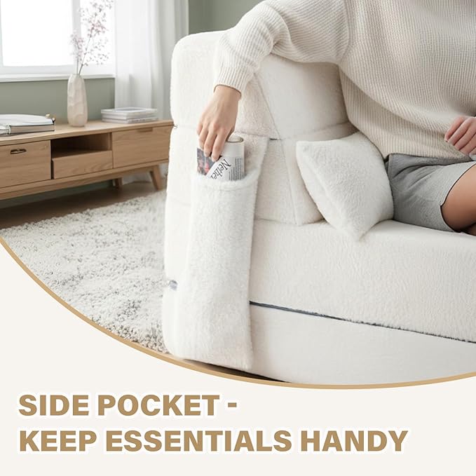 Tiita Convertible Folding Sofa Bed Single Size for Adults with Pillow Plush Fabric Floor Mattress Couch Bed Washable Cover &amp Side Pocket Guest Room Dorm Apartment Living Room Beige