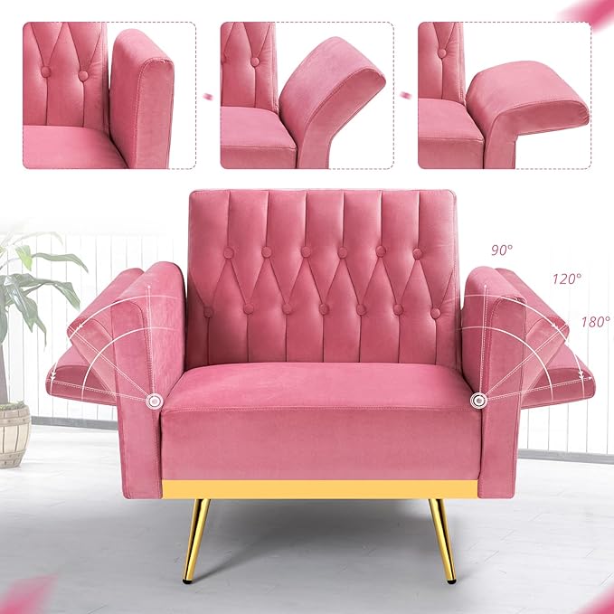 Velvet Accent Chair with Adjustable Armrests and Backrest Button Tufted Lounge Chair Single Recliner Armchair with Ottoman and Pillow for Living Room Bedroom Pink