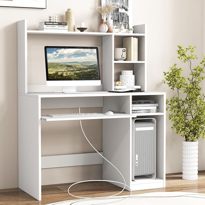 Computer Desk with Hutch and Power Outlet 43.5 x 20.5 x 54 Home Office Desks Wooden Desk with Shelves Keyboard Tray &amp CPU Stand Modern Writing Study Table Workstation (White)