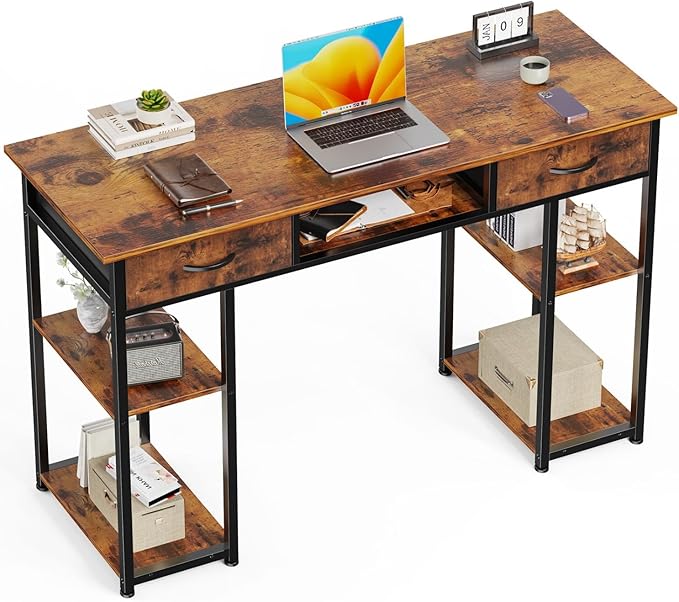 47 Inch Computer Desk with 2 Drawers Home Office Desk with Wooden Shelves Study Writing PC Table for Small Spaces Bedroom Dorm or Living Room Rust