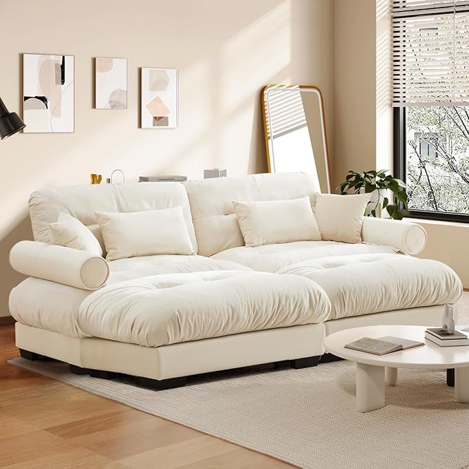 93.7 Modern Oversized Modular Sectional Sofa 2-Seater Loveseat L-Shaped Cloud Couch with 2 OttomansPillows and Overthick Cushion for Living RoomHome TheaterApartmentVelvetBeige