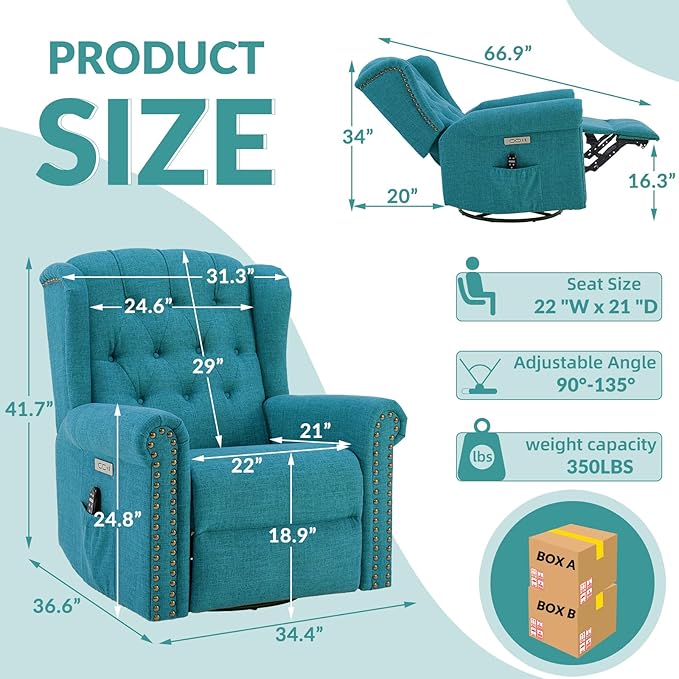 MEETWARM Power Swivel Rocking Glider Recliner Chair with Heat and Vibration Electric Rocker Nursery Reclining Chair Wingback Tufted Upholstered Recliner for Living Room Type-C &amp USB Ports (Teal