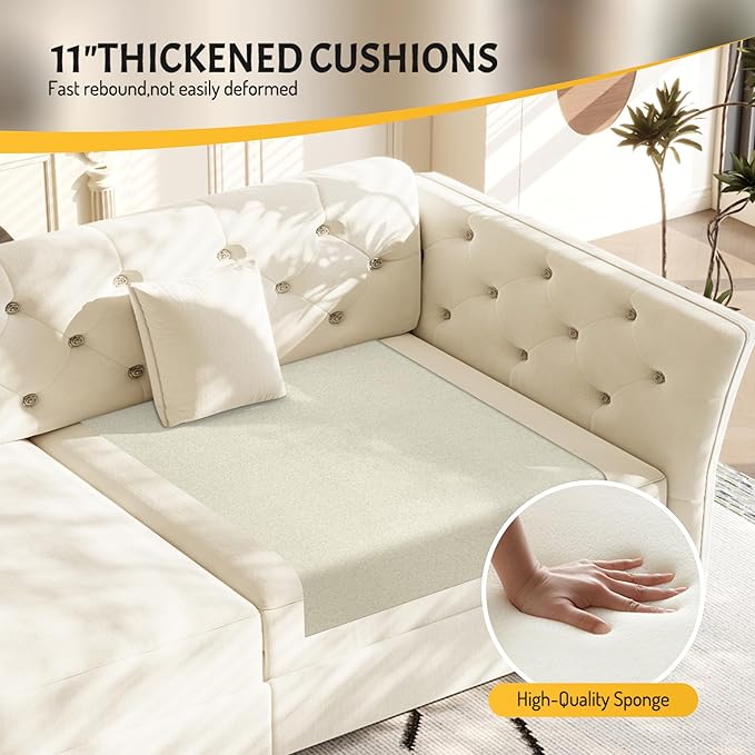 100'' Pull Out Couch King Size Velvet Sleeper Sofa with Flower-Tuffed Back Chesterfield Convertible Futon Sofa Bed 4 Pillows 4-Seater Deep Couches for Living Room Small Spaces Beige