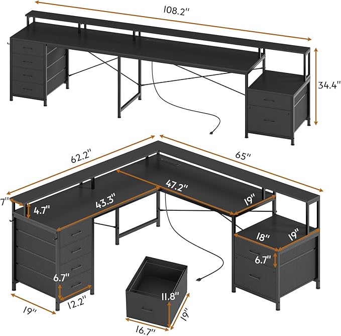 SEDETA L Shaped Desk with 6 Drawer 108 Home Office Desk with File Drawer &amp Power Outlet Corner Computer Desk with Monitor Shelf File Cabinet Two Person Desk Gaming Desk with Led Lights Blac