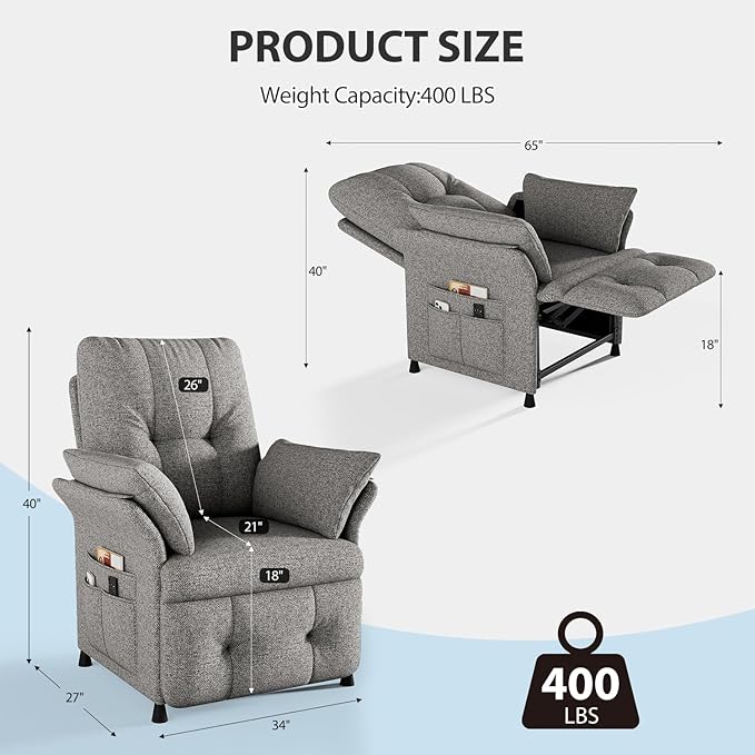Power Recliner Chair for Adults with Heat &amp Massage - Linen Electric Reclining Sofa with Remote Control 3 Side Pockets 180° Lay Flat Sleeper for Living Room Home Theater Light Grey