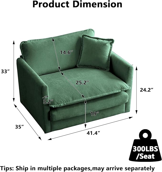 Aoowow Single Deep Seat Sofa Comfy Chenille CouchModern Upholstered Accent Armchair with Pillow for Living Room Bedroom Apartment(Green)