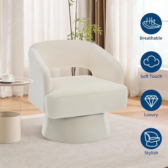 Beige Swivel Barrel Chair 360° Upholstered Accent Chair Hollowed-Out Back Modern Velvet Round Barrel Chair Cone Swivel Base Living Room Small Chair for Bedroom Reading Nook Office