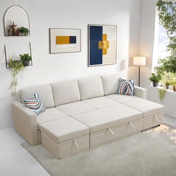 FONTOI 102 Inch L Shaped Sectional Couch with Pull Out Bed 6-Seat Sleeper Sofa with Storage Ottoman Convertible Sofa Bed for Living Room Apartment Off White