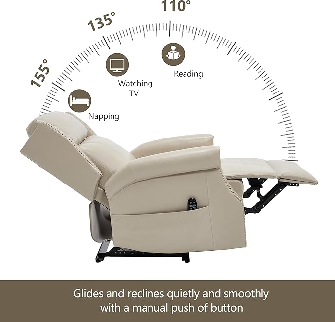 Manual Recliner Chair Faux Leather Push Back Recliners with Vibration Massage Lumbar Heat Living Room Single Sofa Reclining Rivet Design Chair Grayish Beige