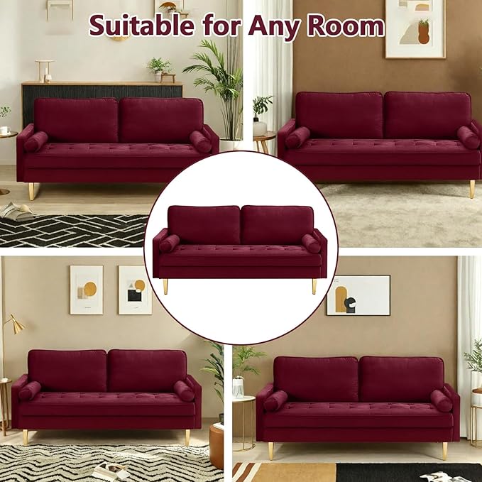 65 Love Seat Sofa Velvet Small Sofa Small Couch for Bedroom Living Room Bedroom Loveseat with 2 Pillows Gold Legs Modern Tufted Seat Upholstered Seating for Office Apartment (Red)