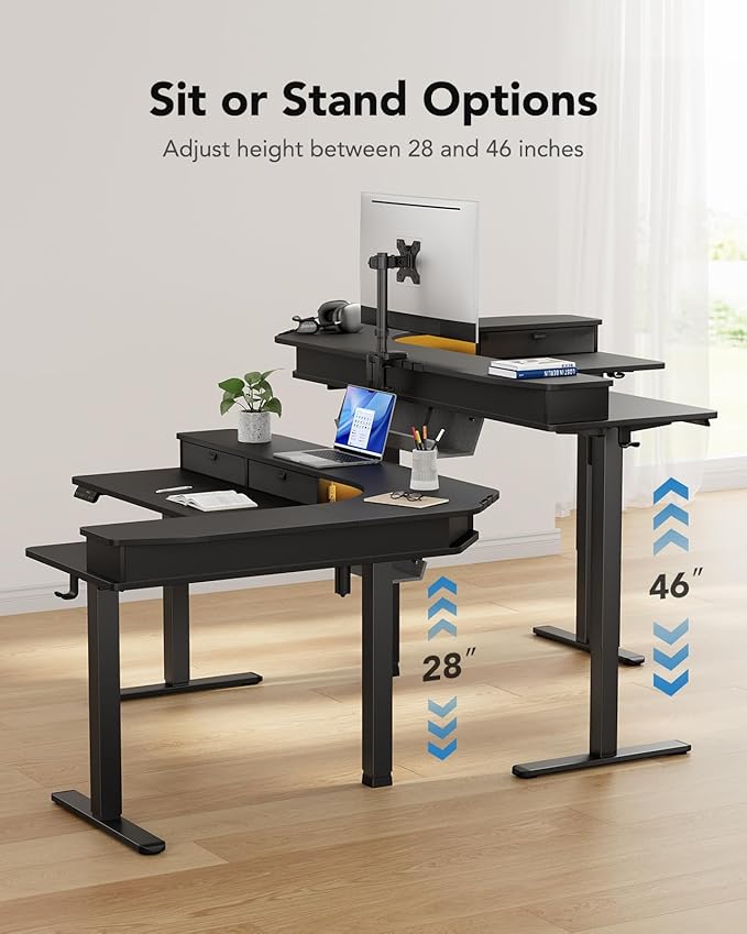 HUANUO 65″ L-Shaped Standing Desk with Power Outlets &amp LED Strip Electric Height Adjustable Corner Computer Desk Sit Stand Up Desk with 3 Drawers Black
