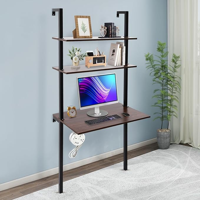 Wall Mounted Desk Floating Laptop Desk with 2 Storage Shelves Industrial Ladder Desk Wall Table Creative Hanging DeskMultifunctional Computer Workstation for Home Office
