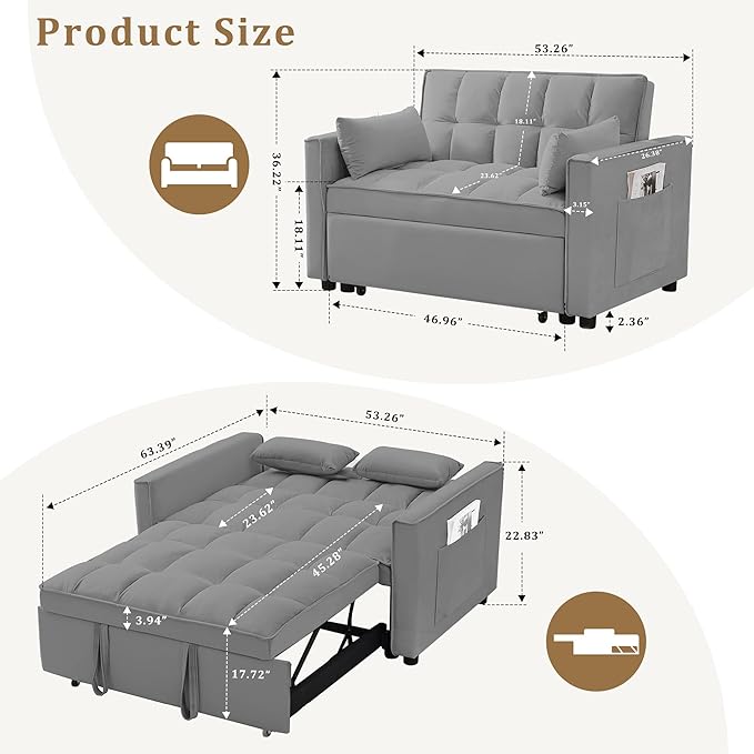 53.5 3-in-1 Convertible Sofa Bed Loveseat Couch With Pull-Out Bed Side Pockets And Adjustable Backrest Suitable For Living Rooms Apt And Offices Velvet Fabric Recliner SofaS Bed(gray 53.5)