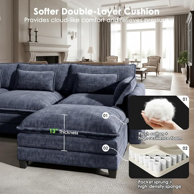 Marsail Modular Sectional Sofa 110.6 U-Shaped Modern Comfy Cloud Couch 5-Seat Chenille Deep Seat Sofa with Throw Pillow &amp Movable Ottoman for Living Room Bedroom and Apartment Navy Blue