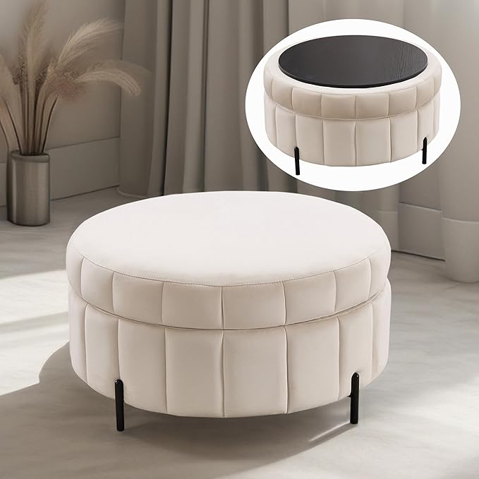 31.5 Round Ottoman with Storage BeigeReversible Lid Upholstered Ottoman Coffee TableModern Pumpkin-Shape Foot Stool for Living Room