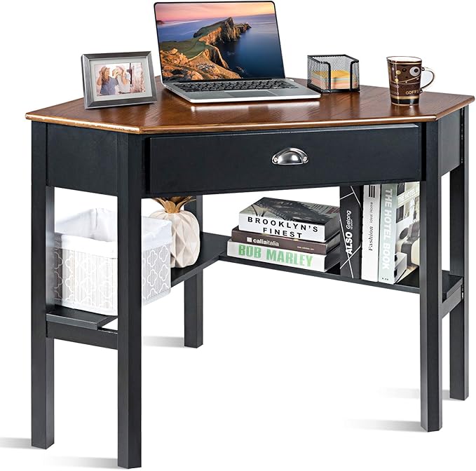 POWERSTONE Corner Desk for Small Space - Triangle Computer Desk with Storage Drawer &amp Shelf for Home Office Workstation Living Room Bedroom - Brown