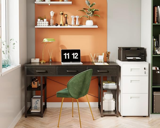 ODK Office Small Computer Desk: Home Table with Fabric Drawers &amp Storage Shelves Modern Writing Desk Black 48x16