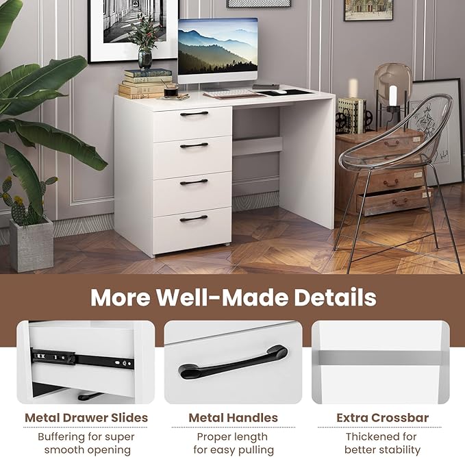 White Desk with Drawers Home Office Desk with 4 Storage Drawers Modern Vanity for Bedroom Teen Writing Study Table Wood Computer Workstation for Study Room 43.5×23.5×30 (L×W×H)