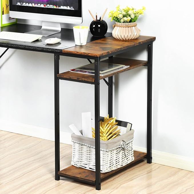 FurnitureR 47.2 inch Study Writing Table with Storage Shelves Space Saving for Home Office Modern Simple Style PC Metal Frame Computer Desk Black&ampBrown