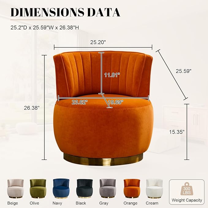 360 Degree Swivel Accent Chair Comfy Round Swivel Barrel Chair with Mental Base Upholstered Cozy Reading Armchairs Modern Lounge Sofa Chairs for Living Room Bedroom Club Office(Velvet Orange)