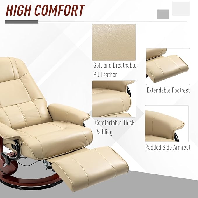 HOMCOM Faux Leather Manual Recliner Adjustable Swivel Lounge Chair with Footrest Armrest and Wrapped Wood Base for Living Room Cream White
