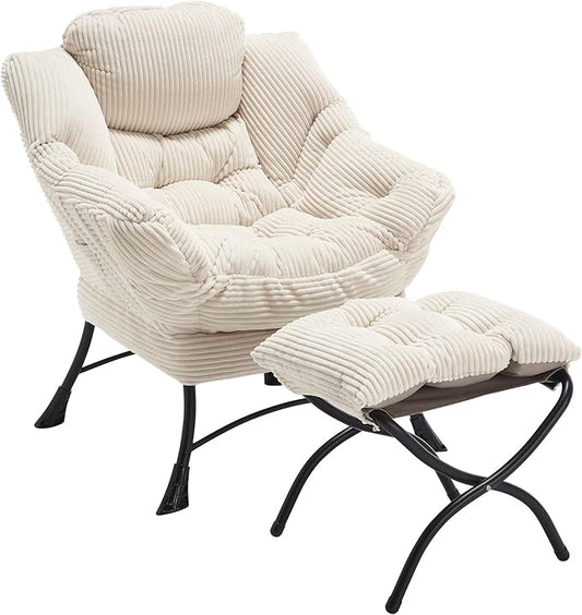Lazy Chair with Ottoman Comfy Lounge Chair for Reading Relaxing and Napping Perfect for Living Room Bedroom or Office White