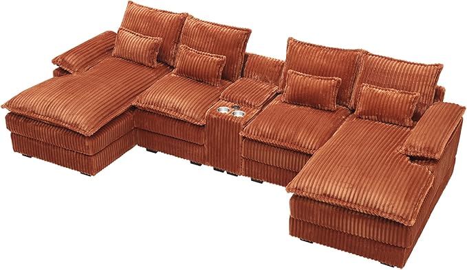 HYJT-H&ampK 124 U Shaped Cloud Couch Sectional Comfy Fluffy Plush Corduroy Orange Sectional Couches for Living Room Modern Modular Corduroy Couch Sectionals with Central Console &amp Double Chais