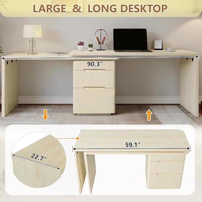Merax Home Office Desk L Shaped with 3 DrawersWooden Rotating 90 Large DeskExecutive Office WorkstationCorner Work Table for Study WritingNatural Wood