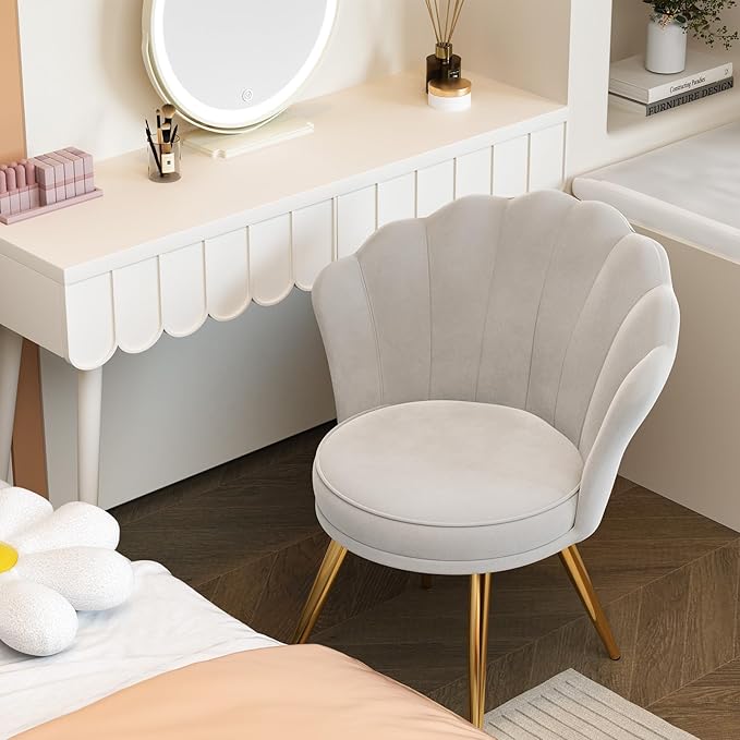 Velvet Accent Chair with Gold Metal Legs Vanity Chair for Makeup Room Upholstered Guest Chair for Living Room for Bedroom Grey