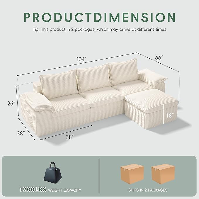 104 Cloud Sectional Couch Boneless Couches for Living Room L Shaped Couch with Ottoman Modular Sectional Sofa with Deep Seat Modern Boneless Sofa for Living Room No Assembly (Beige L-Shaped)