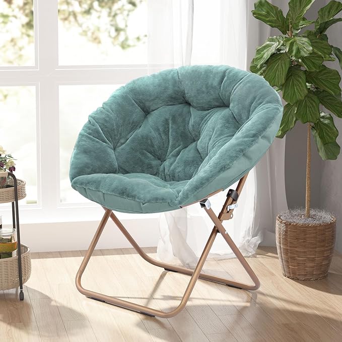 Cozy Saucer Chair Living Room Chair Faux Fur Soft Thick Padded Seat Metal Frame Folding Chair Comfortable Moon Chair for Living Room Bedroom Reading Nook Modern Style 2 Pack Green