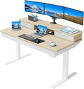 HUANUO 55 x 30 inch Electric Standing Desk with Wood Drawers Adjustable Height Sit Stand Home Office Desk with Two Tiers Ergonomic Adjustable Stand up Desk C-Clamp Monitor Mount Compatible Natural