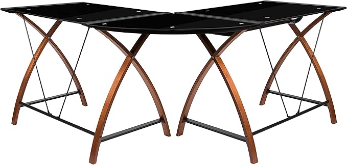 EMMA + OLIVER Black Glass L-Shape Corner Computer Desk with Pull-Out Keyboard Tray