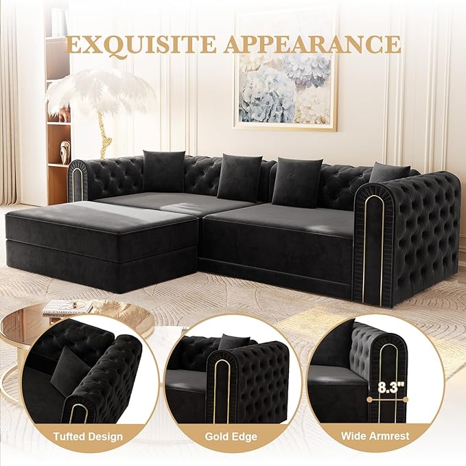 90.6'' Futon Sofa Bed Chesterfield Velvet Sleeper Sofa Convertible Floor L-Shaped Couch Tufted Back 4 Pillows Gold Edge Trim Deep Loveseat Couches for Living Room Apartment Gold Black