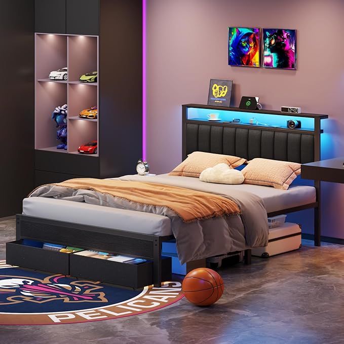 Furnulem Queen Bed Frame with Charging Station and LED Lights Grey Upholstered Headboard with Shelves Metal Platform Bed with 2 Under-Bed Storage (Fabric Drawer on Wheels) No Box Spring Needed
