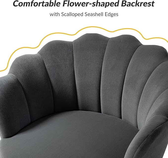 HULALA HOME Modern Velvet Accent Chairs Set of 2 with Shell Shaped Back Cute Living Room Bedroom Armchairs with Gold Legs Comfy Upholstered Vanity Chairs for Makeup Room Grey