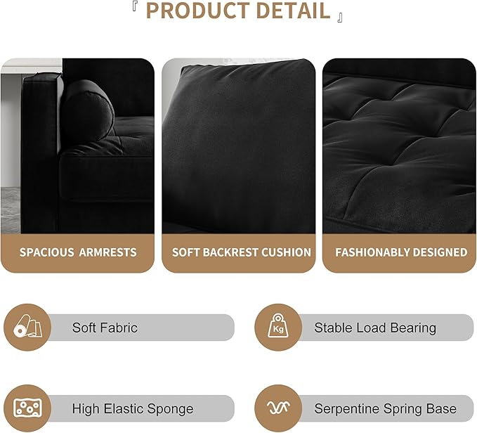 Loveseat Sofa70 Inch Velvet Couch for Living RoomSmall Couch Spring CushionsEasy Assembly Sofa Couches with Throw Pillow for Small Spaces (Black)